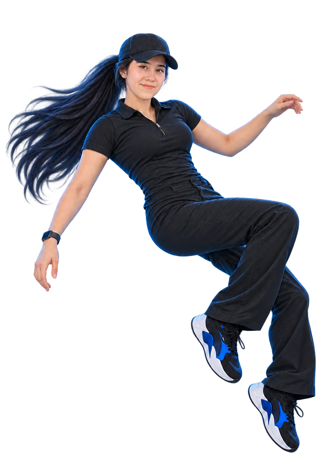 Beyza floating weightlessly in space, wearing her black cap and outfit with blue and white sneakers.